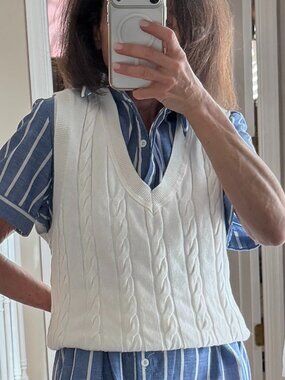 White Cable Knit Sweater Vest, Cream, Preppy, Coastal, Grandpa Core, XL #73